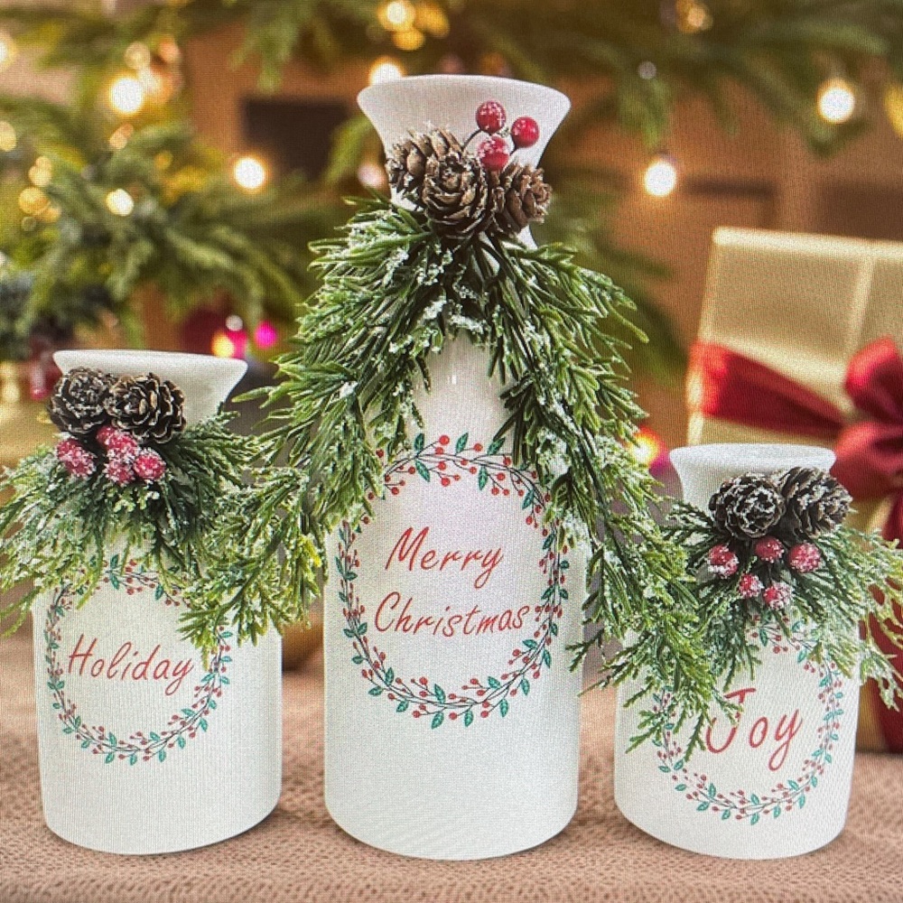 Festive Holiday Vase Set with Greenery and Pinecones NWT